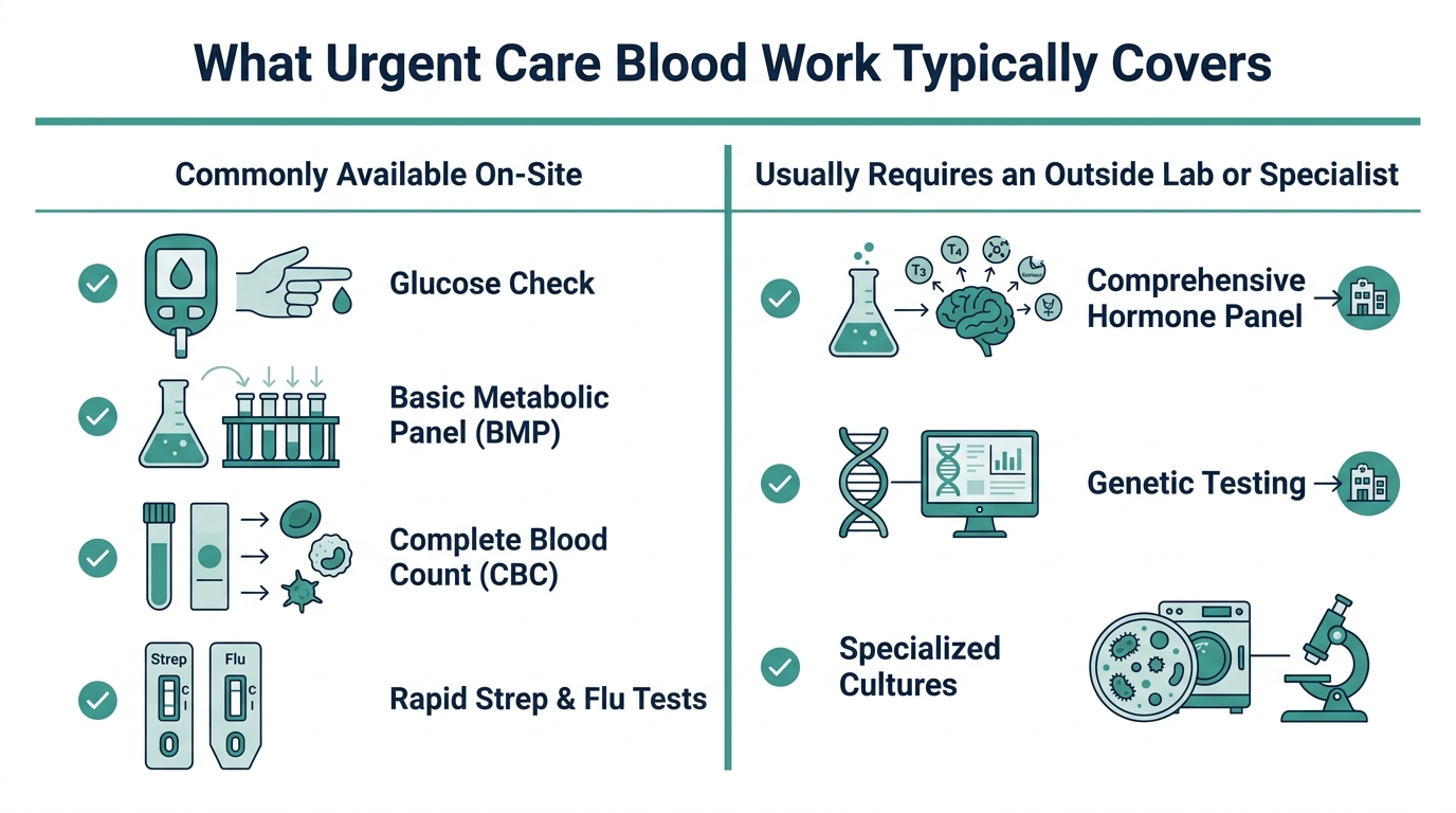 Chart comparing tests commonly available at urgent care versus tests usually requiring an outside lab or specialist