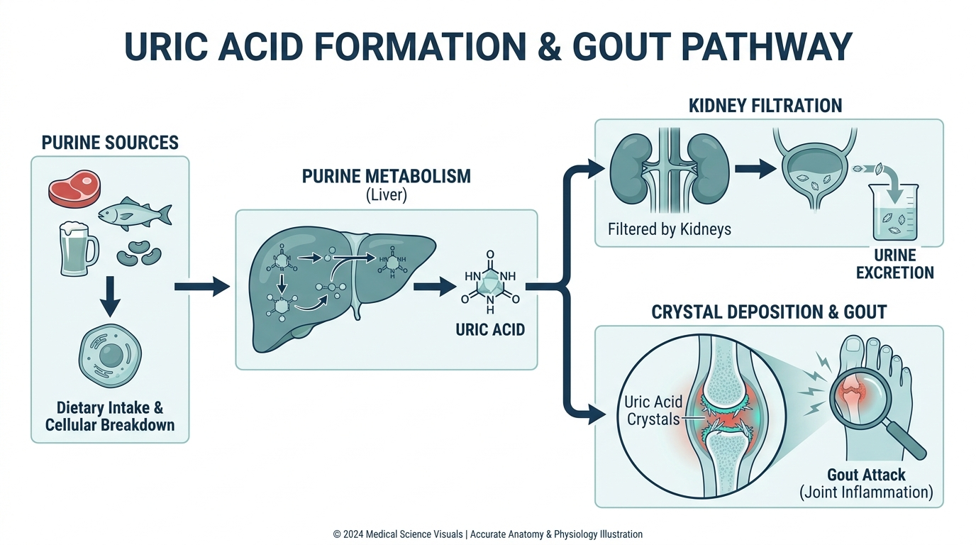 Diagram of uric acid formation and the gout pathway