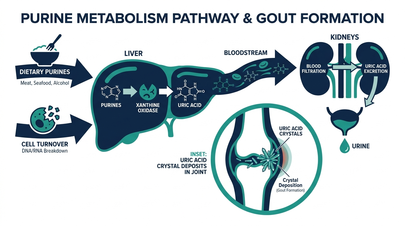 Diagram of purine metabolism showing uric acid production in the liver, kidney excretion, and crystal deposits in a joint
