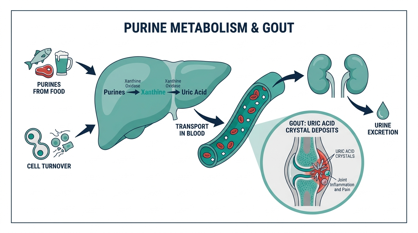 Diagram of purine metabolism showing uric acid production in the liver and excretion by the kidneys, with a gout crystal deposit inset