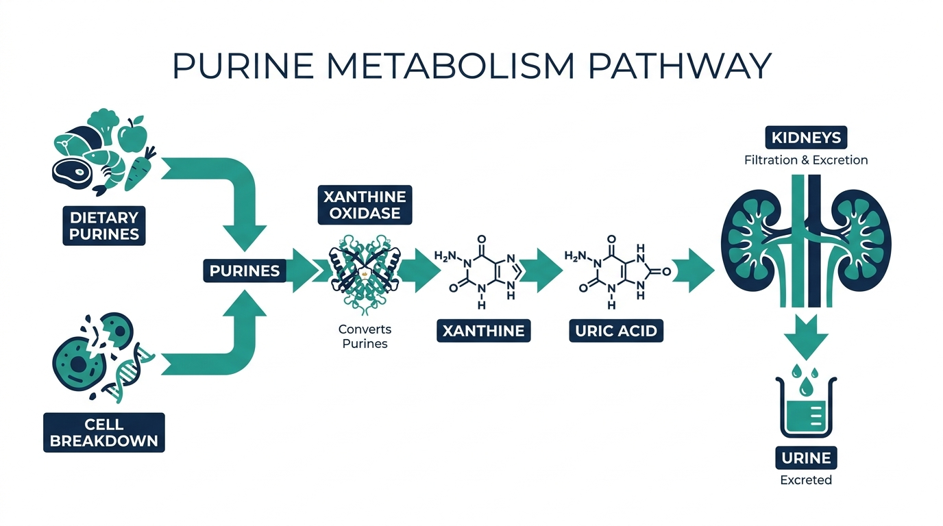 Diagram of purine metabolism showing purine breakdown into uric acid via xanthine oxidase and kidney excretion