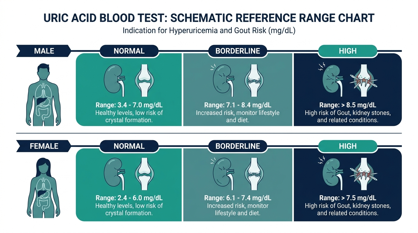 Schematic chart of uric acid reference ranges for men and women showing normal, borderline, and high bands