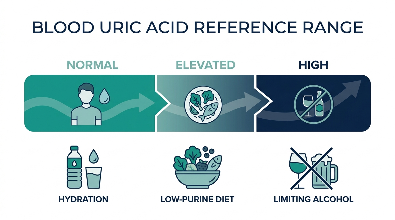 Schematic chart of normal, elevated, and high uric acid bands with icons for hydration, low-purine diet, and limiting alcohol