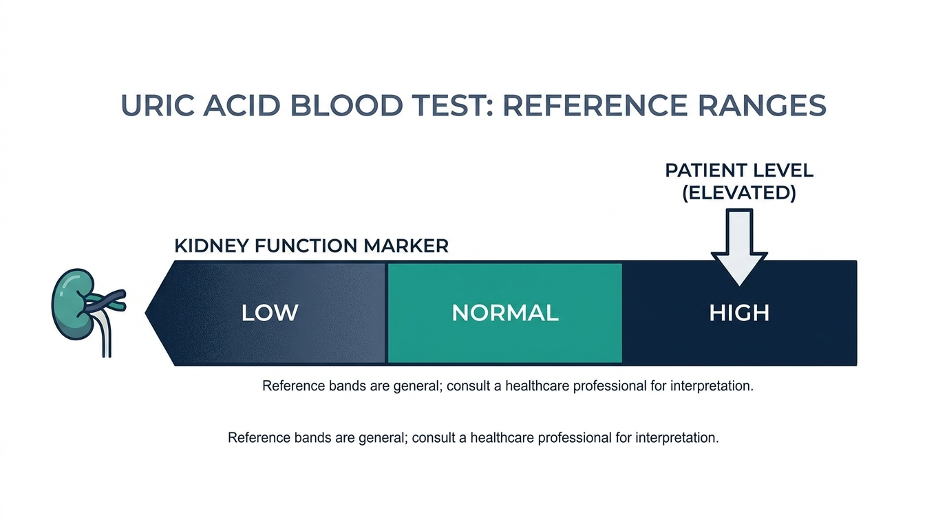 Schematic reference range chart highlighting the high band for uric acid blood test results