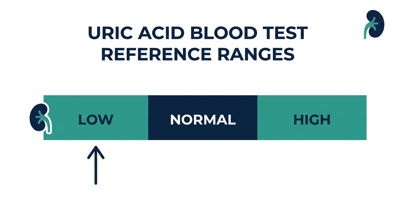 Schematic reference range chart highlighting the low band for uric acid blood test results