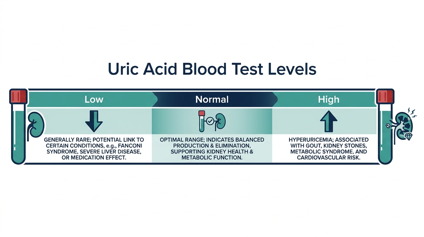 Schematic chart showing low, normal, and high uric acid blood test reference bands