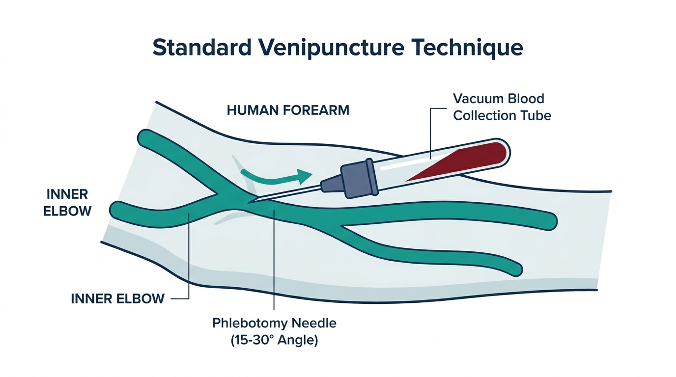 Anatomical diagram of a forearm showing venipuncture at the antecubital vein with needle and vacuum blood collection tube