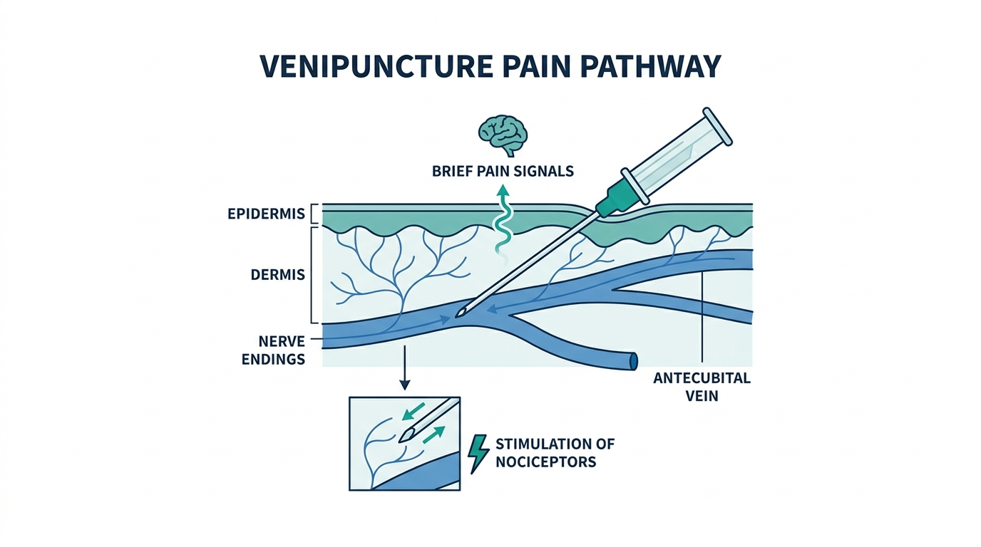 Cross-section diagram of a needle entering the arm vein during a blood draw showing skin layers and nerve endings