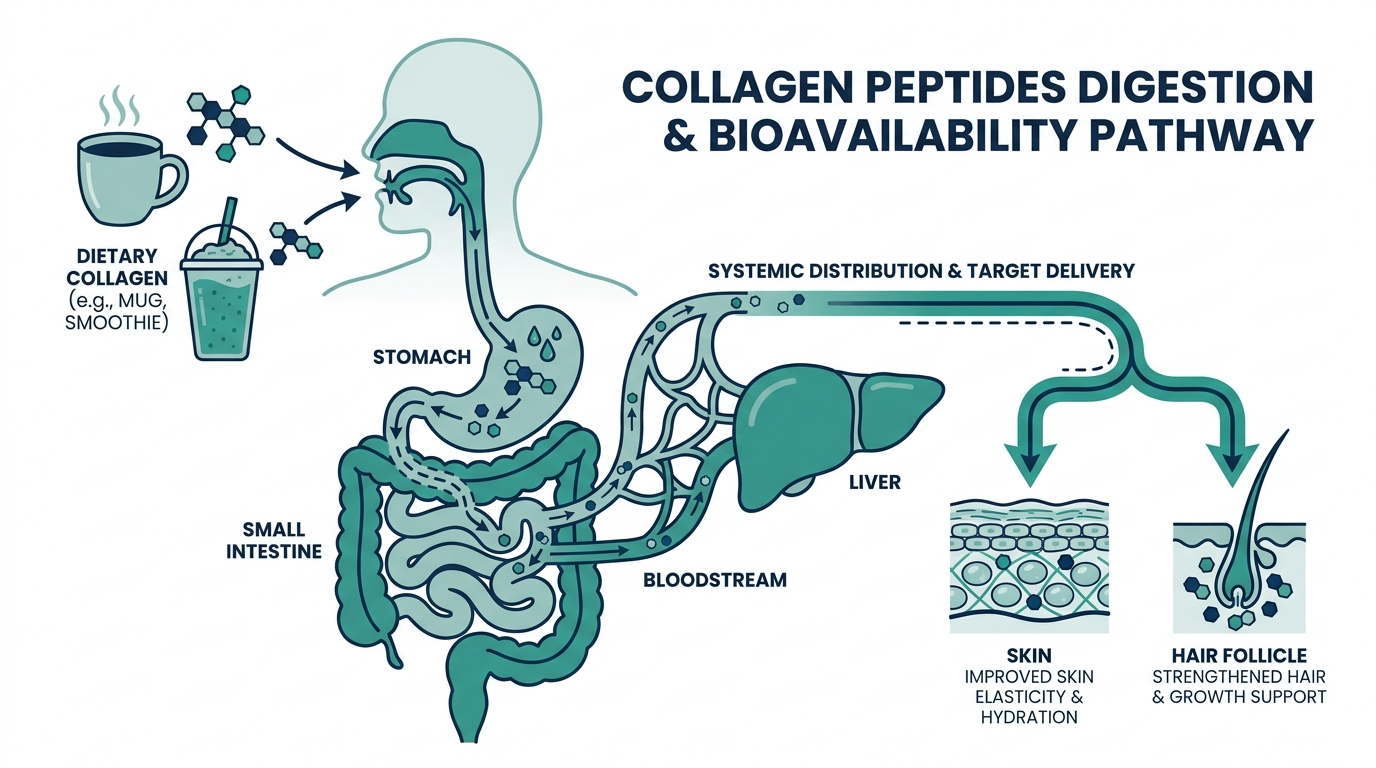 Digestive tract overview diagram showing collagen peptides from coffee or smoothie reaching skin and hair follicle tissue