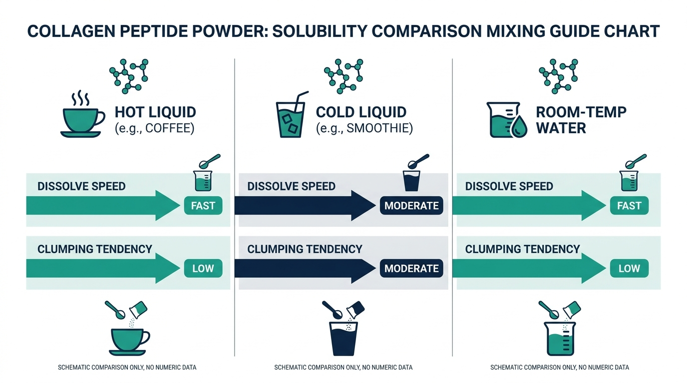 Mixing guide chart comparing collagen peptide solubility in hot coffee, cold smoothie, and room-temperature water