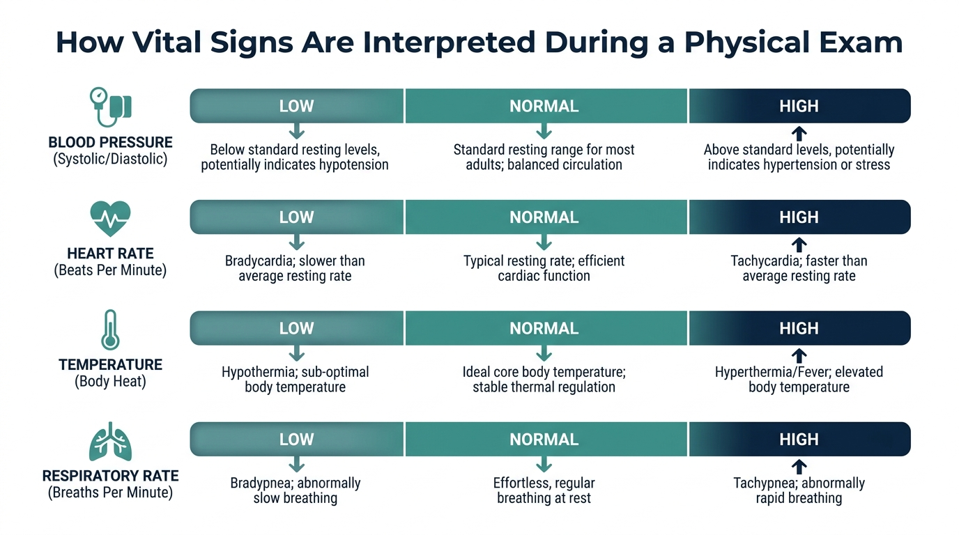 Reference-range chart showing low, normal, and high bands for blood pressure, heart rate, temperature, and respiratory rate