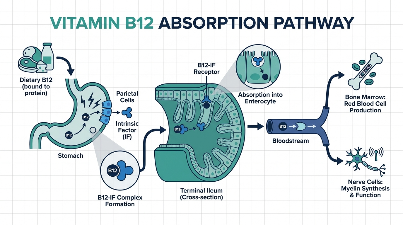 Diagram of vitamin B12 absorption showing dietary B12 binding to intrinsic factor and being absorbed in the terminal ileum