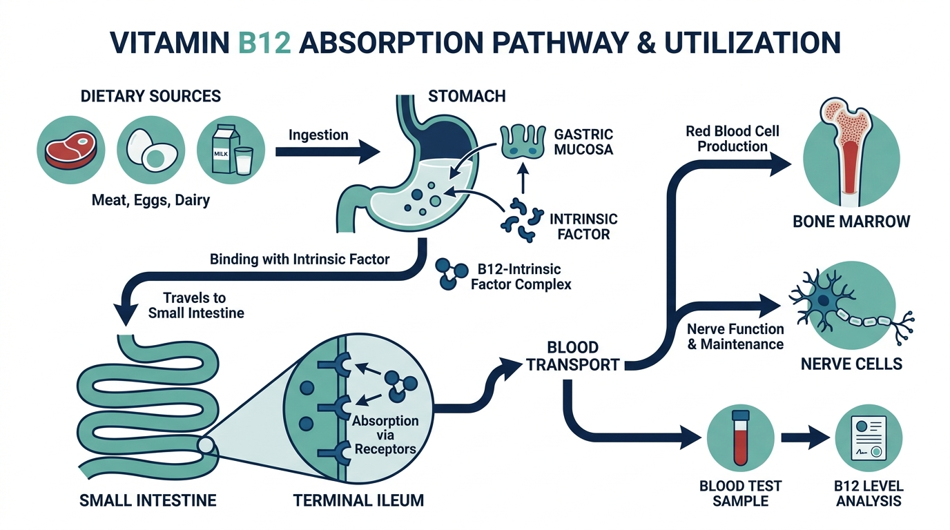 Diagram tracing vitamin B12 from food sources through stomach intrinsic factor and terminal ileum absorption into the blood and to bone marrow and nerve cells
