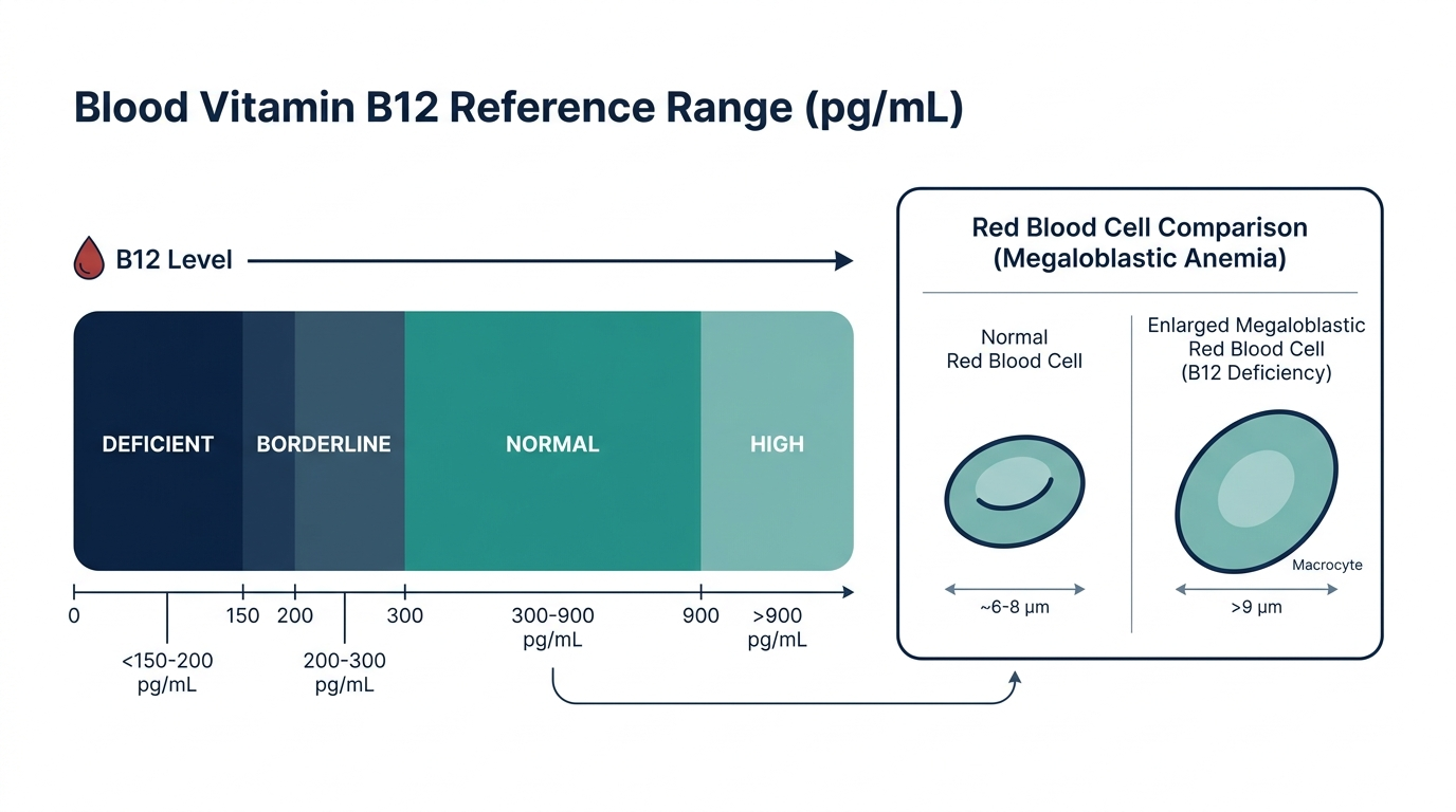 Chart showing deficient, borderline, normal, and high vitamin B12 reference bands next to a comparison of normal and enlarged megaloblastic red blood cells