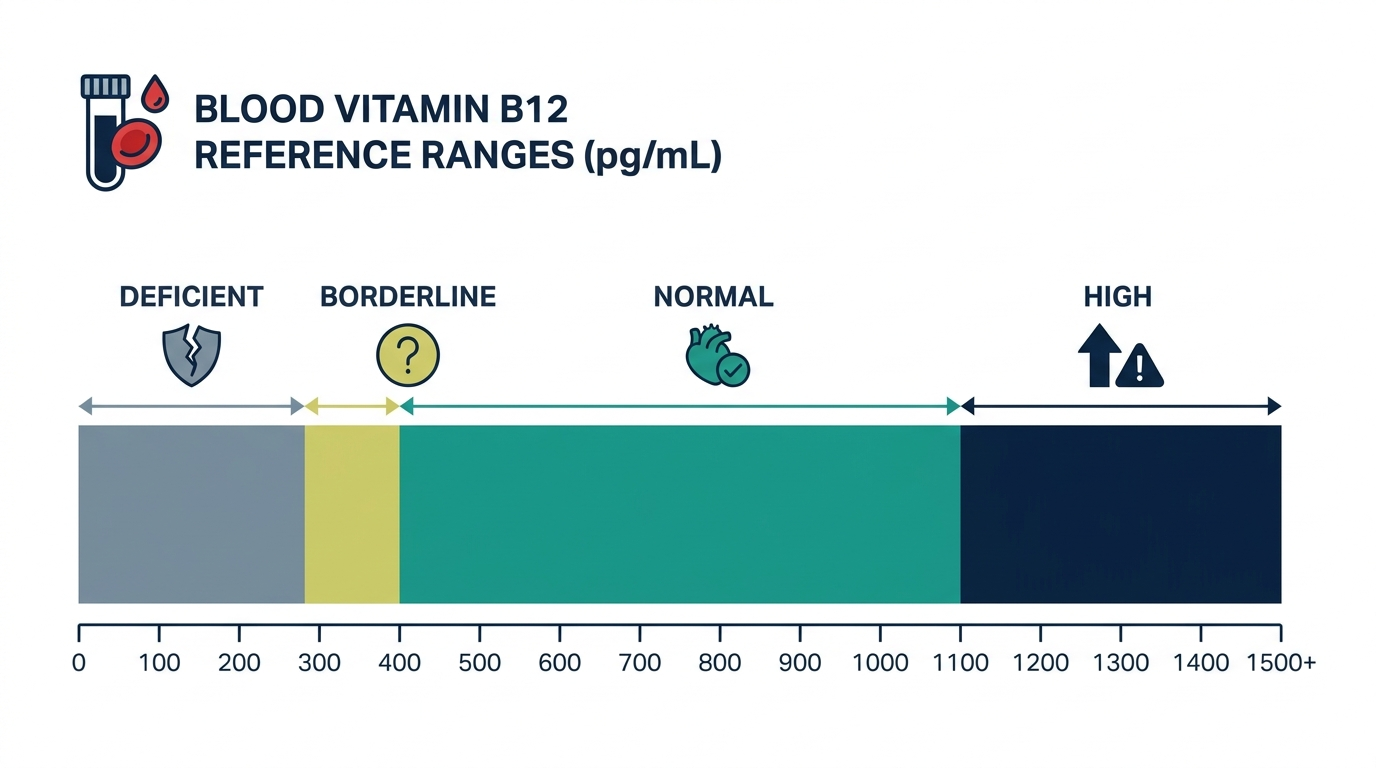 Chart showing deficient, borderline, normal, and high vitamin B12 reference bands