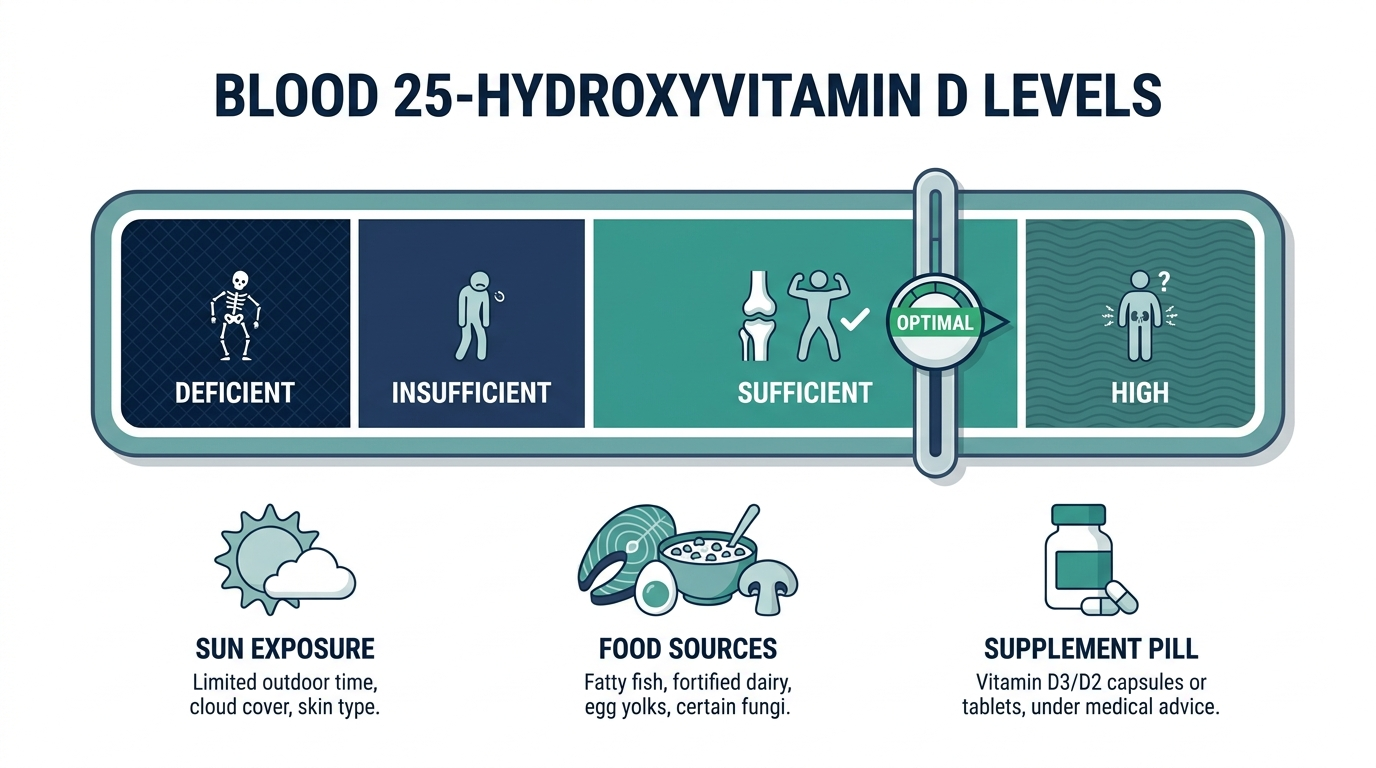 Schematic chart of blood vitamin D level ranges from deficient to high alongside icons for sun, food, and supplements