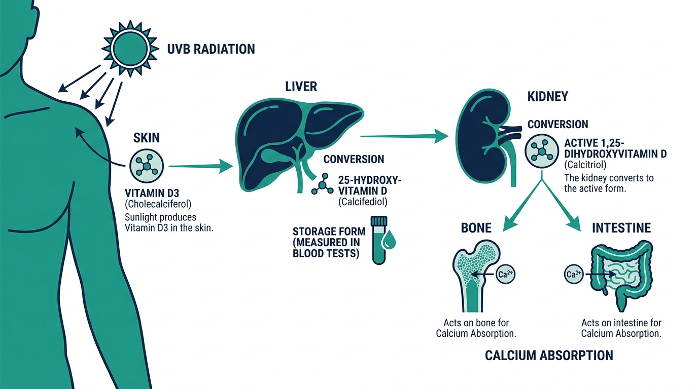 Diagram of vitamin D metabolism from sunlight on skin to liver conversion to 25(OH)D to active kidney form