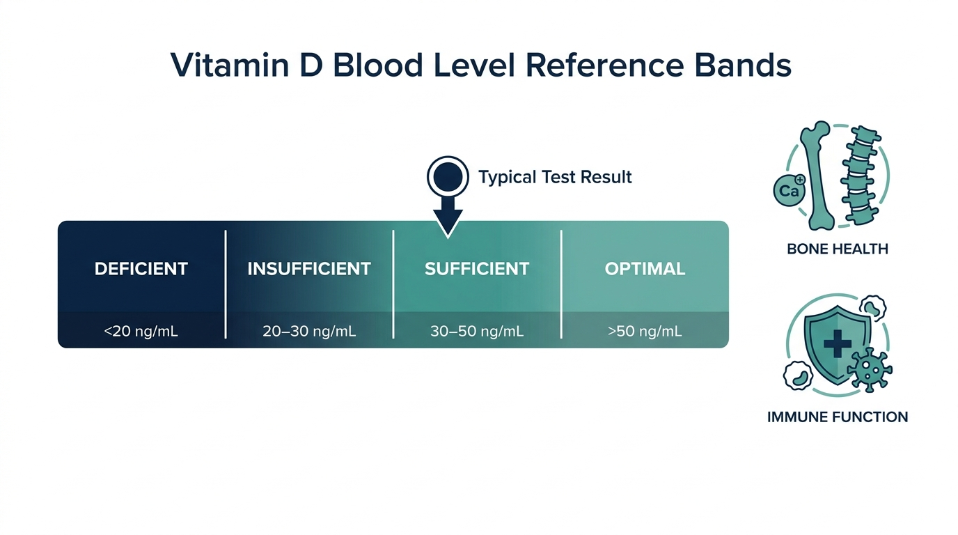 Schematic chart of vitamin D blood level reference bands from deficient to optimal