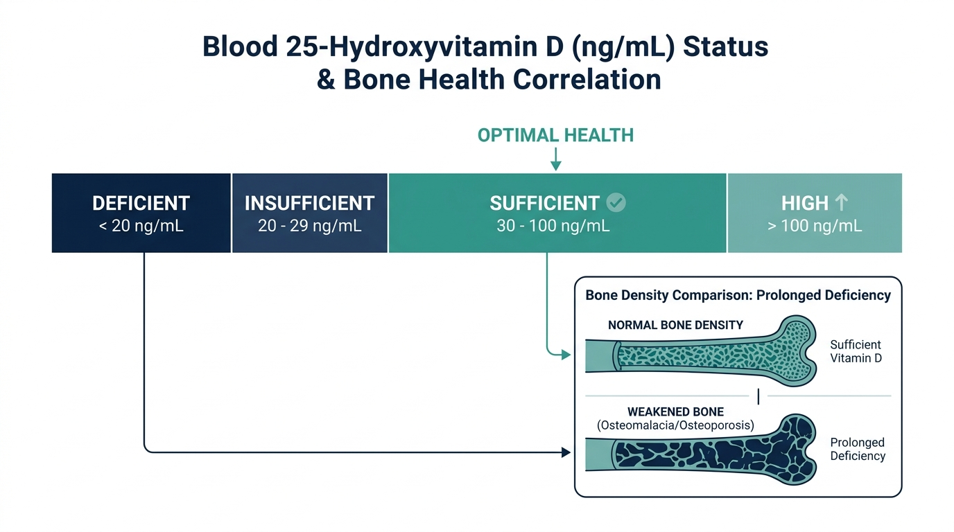 Chart showing deficient, insufficient, sufficient, and high vitamin D reference bands next to a comparison of normal and weakened bone density