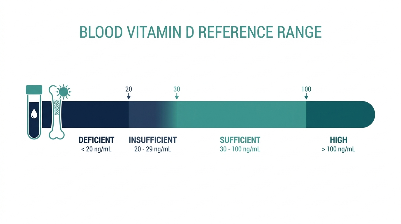 Reference range chart for blood vitamin D levels with deficient, insufficient, sufficient, and high bands