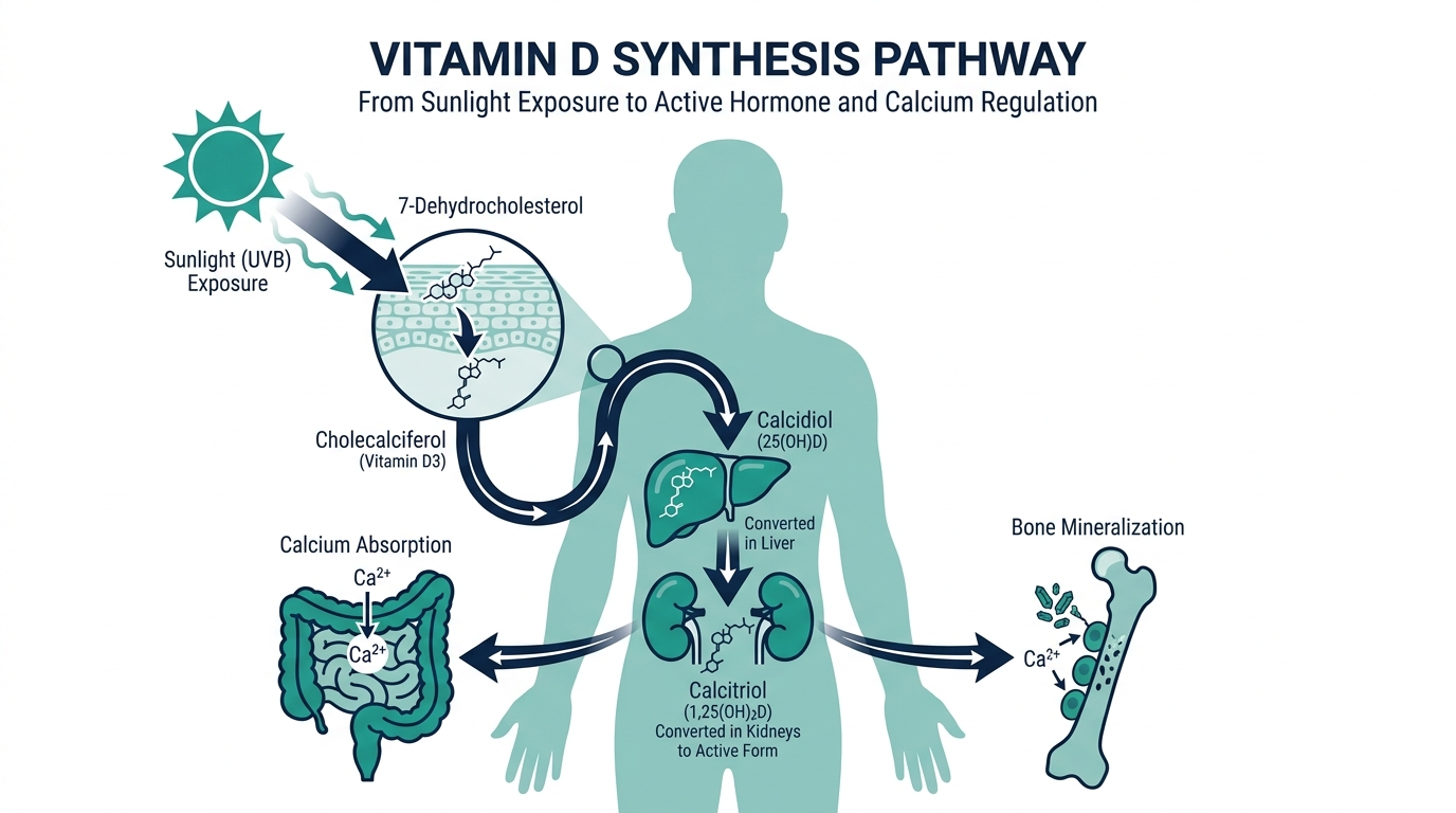 Diagram of vitamin D synthesis pathway from sunlight exposure through liver and kidney conversion to active calcitriol