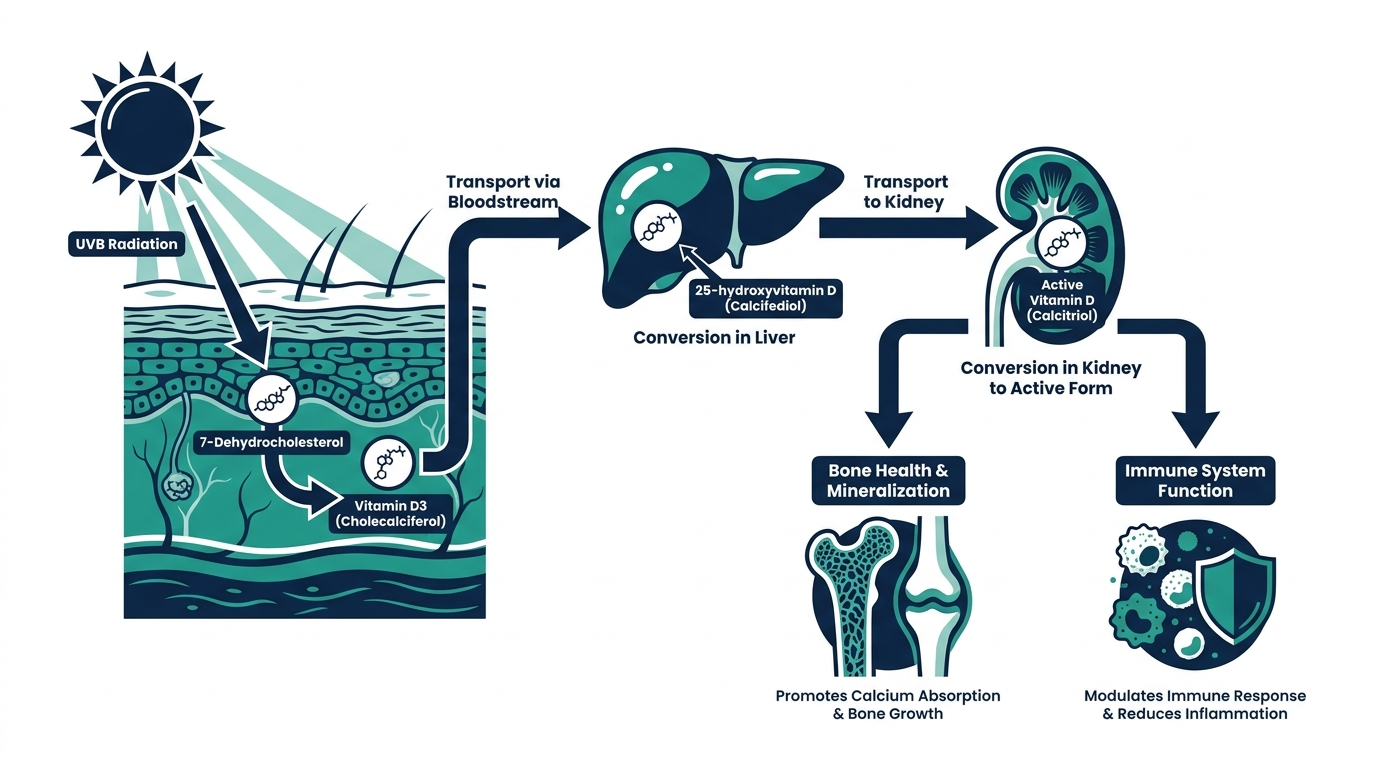 Diagram of vitamin D synthesis pathway from sunlight on skin through liver and kidney conversion to its active hormone form
