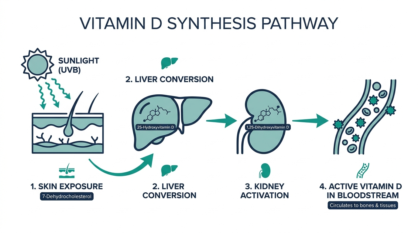 Diagram of vitamin D synthesis from sunlight on skin through liver and kidney conversion to active vitamin D in the blood