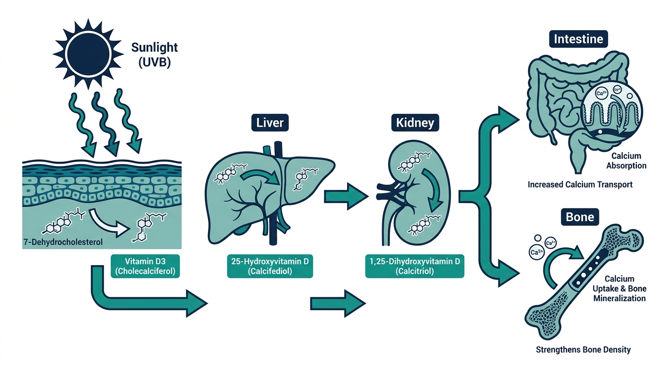 Diagram of the vitamin D synthesis and activation pathway from sunlight exposure through liver and kidney conversion to calcium absorption