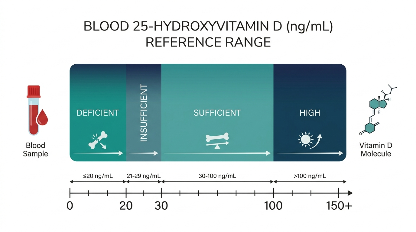 Chart showing deficient, insufficient, sufficient, and high 25-hydroxyvitamin D reference bands