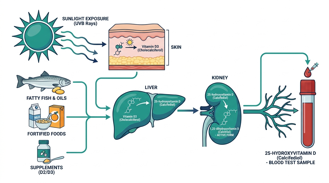 Diagram tracing vitamin D from sunlight and food sources through liver and kidney conversion to the 25-hydroxyvitamin D form measured in blood tests