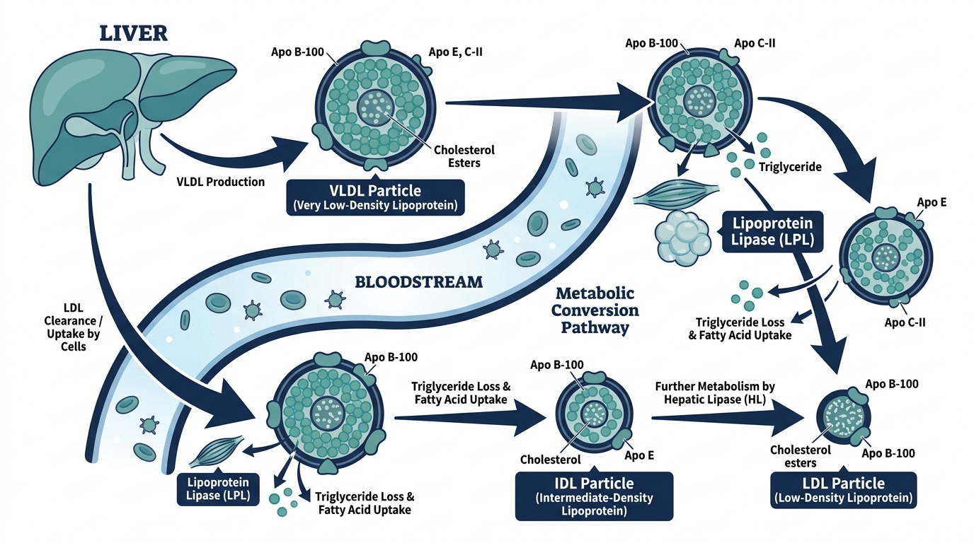 Diagram of the VLDL to IDL to LDL lipoprotein conversion pathway in the bloodstream