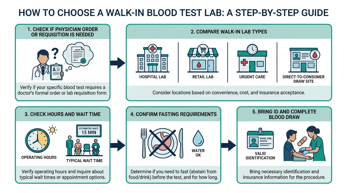 Five-step flow diagram for choosing a walk-in blood test lab, from checking whether an order is needed to completing the blood draw