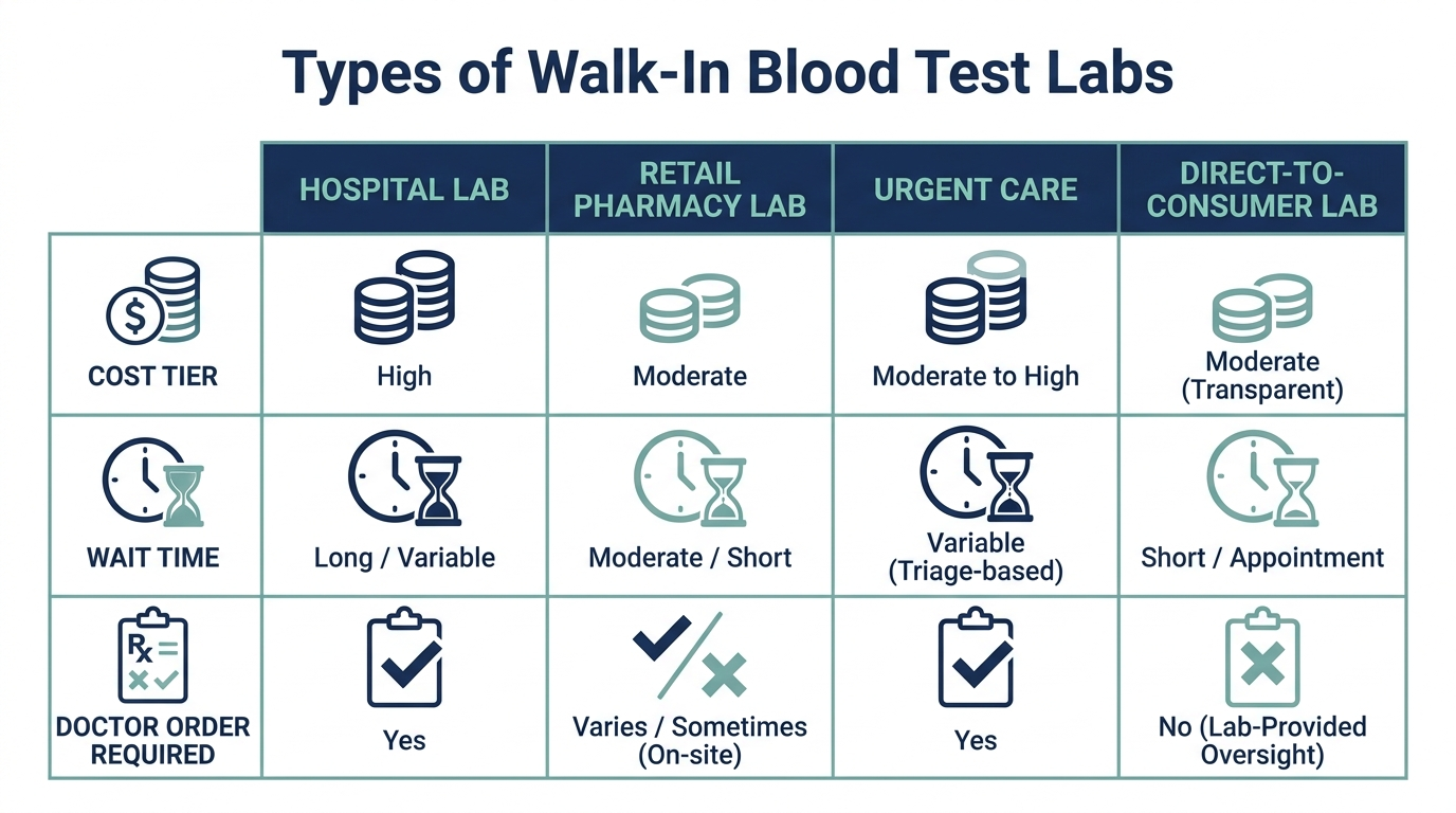 Comparison chart of hospital labs, retail pharmacy labs, urgent care, and direct-to-consumer labs by cost, wait time, and order requirement