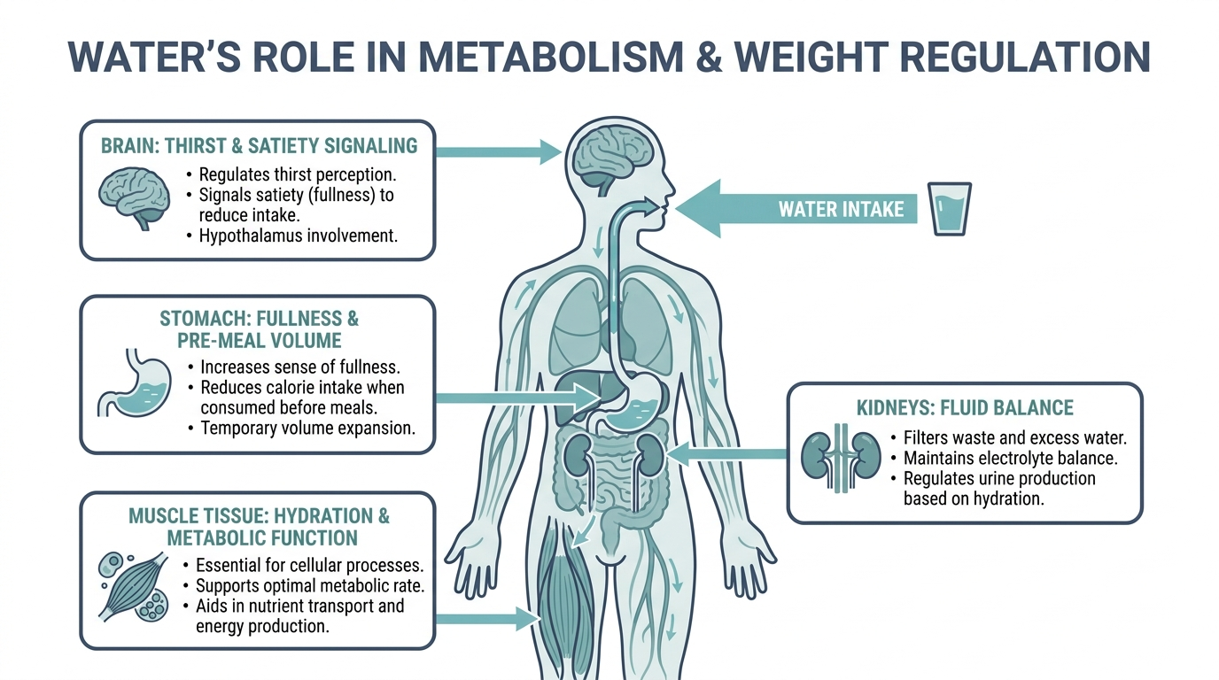 Diagram of the human body showing how water intake affects the brain, stomach, kidneys, and muscle tissue in weight regulation