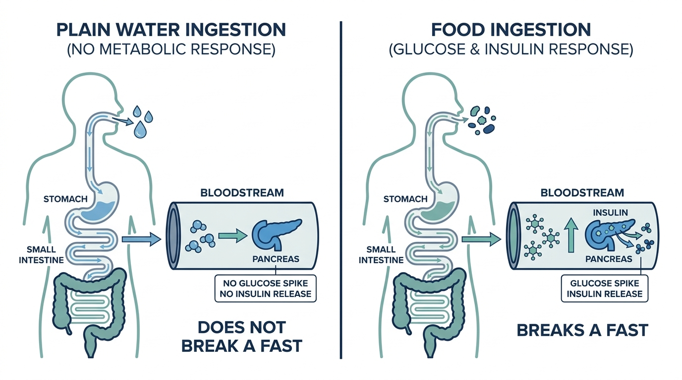 Diagram contrasting plain water passing through digestion with no glucose effect versus food triggering a glucose and insulin response