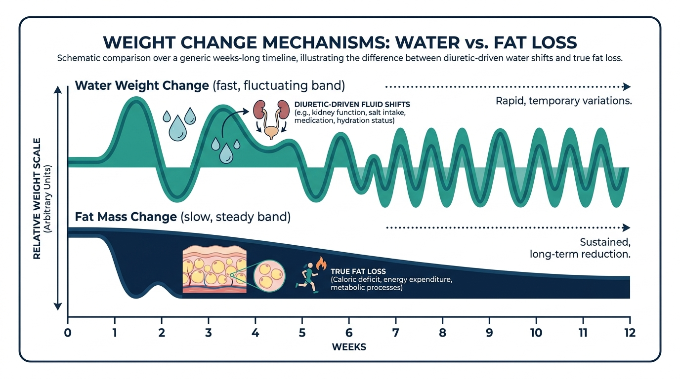 Schematic chart comparing fast fluctuating water weight change against slow steady fat mass change over time