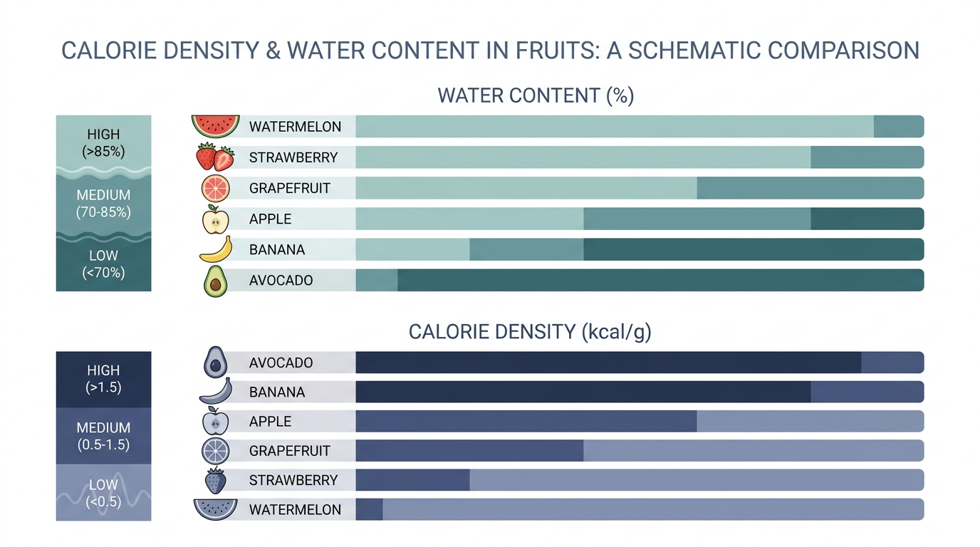 Schematic chart comparing calorie density and water content of watermelon against other common fruits