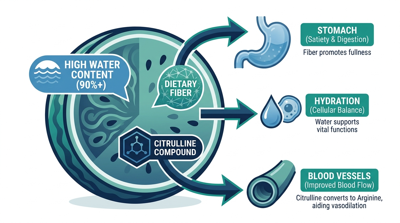 Diagram of watermelon's water, fiber, and citrulline content and their effects on hydration and satiety