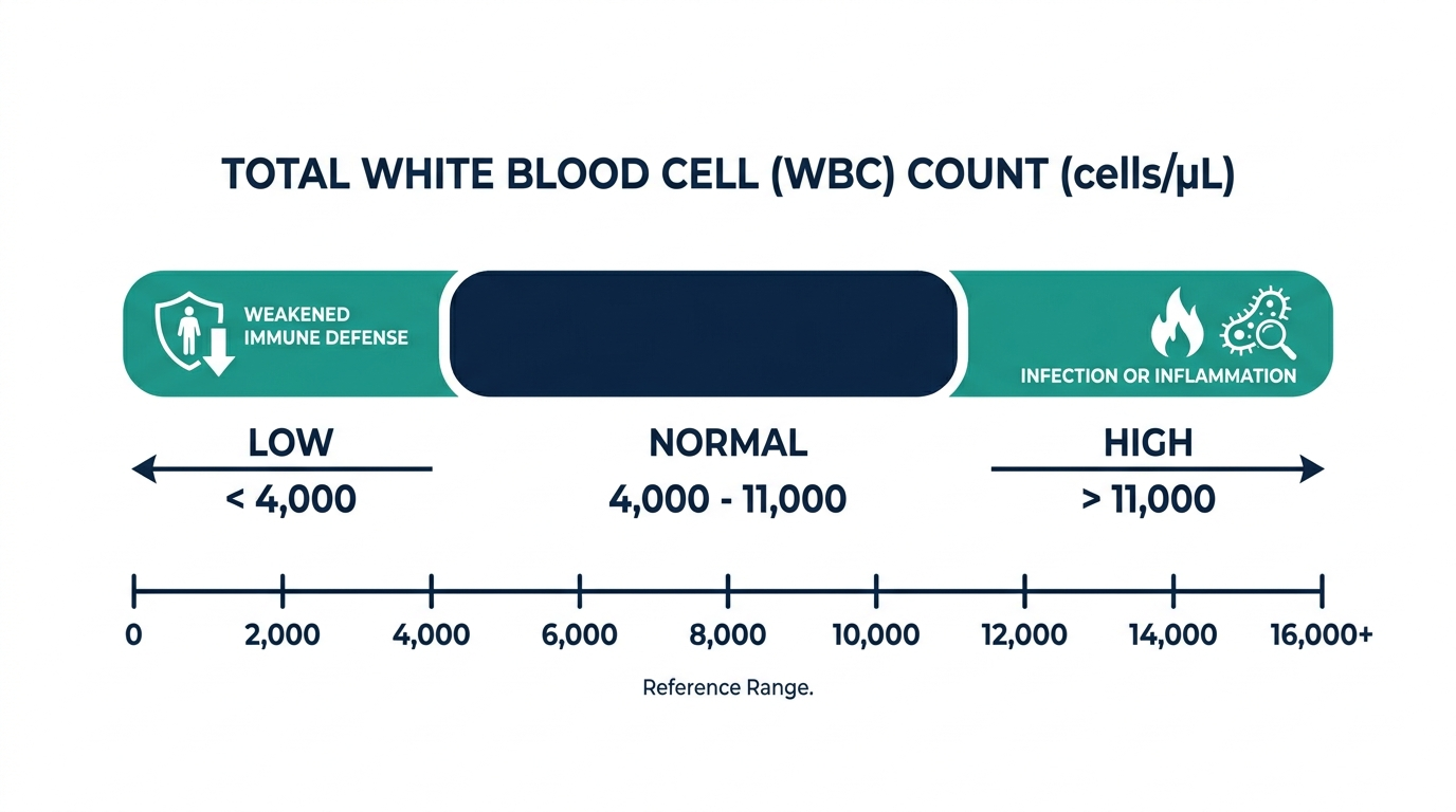 Reference range chart showing low, normal, and high total white blood cell counts
