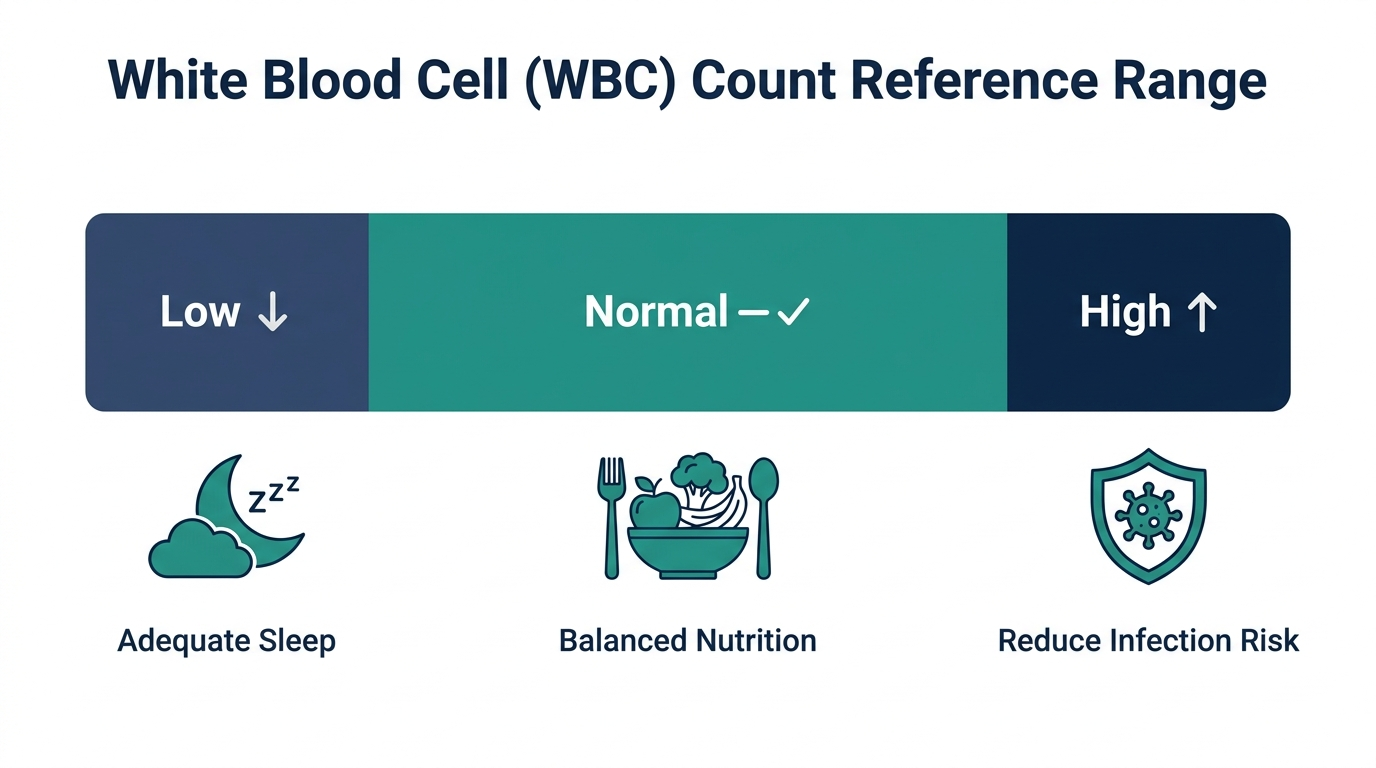 Schematic chart of low, normal, and high white blood cell count bands with icons for sleep, nutrition, and infection prevention