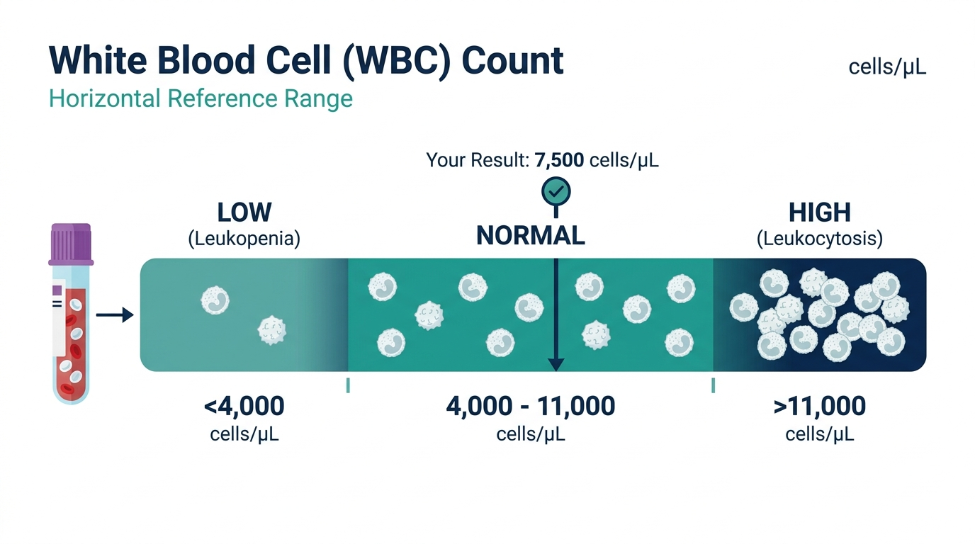 Reference range chart showing low, normal, and high white blood cell count