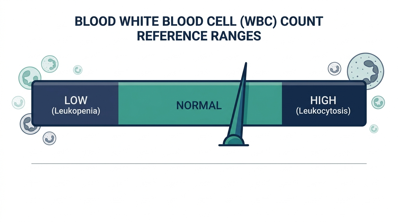 Schematic reference range chart showing low (leukopenia), normal, and high (leukocytosis) bands for white blood cell count