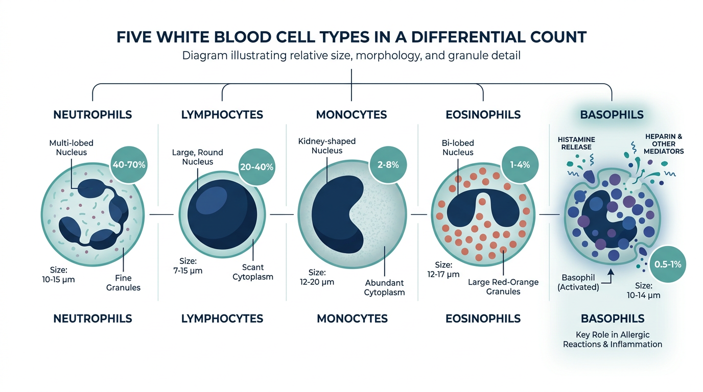 Diagram of the five white blood cell types in a differential count, with basophil highlighted