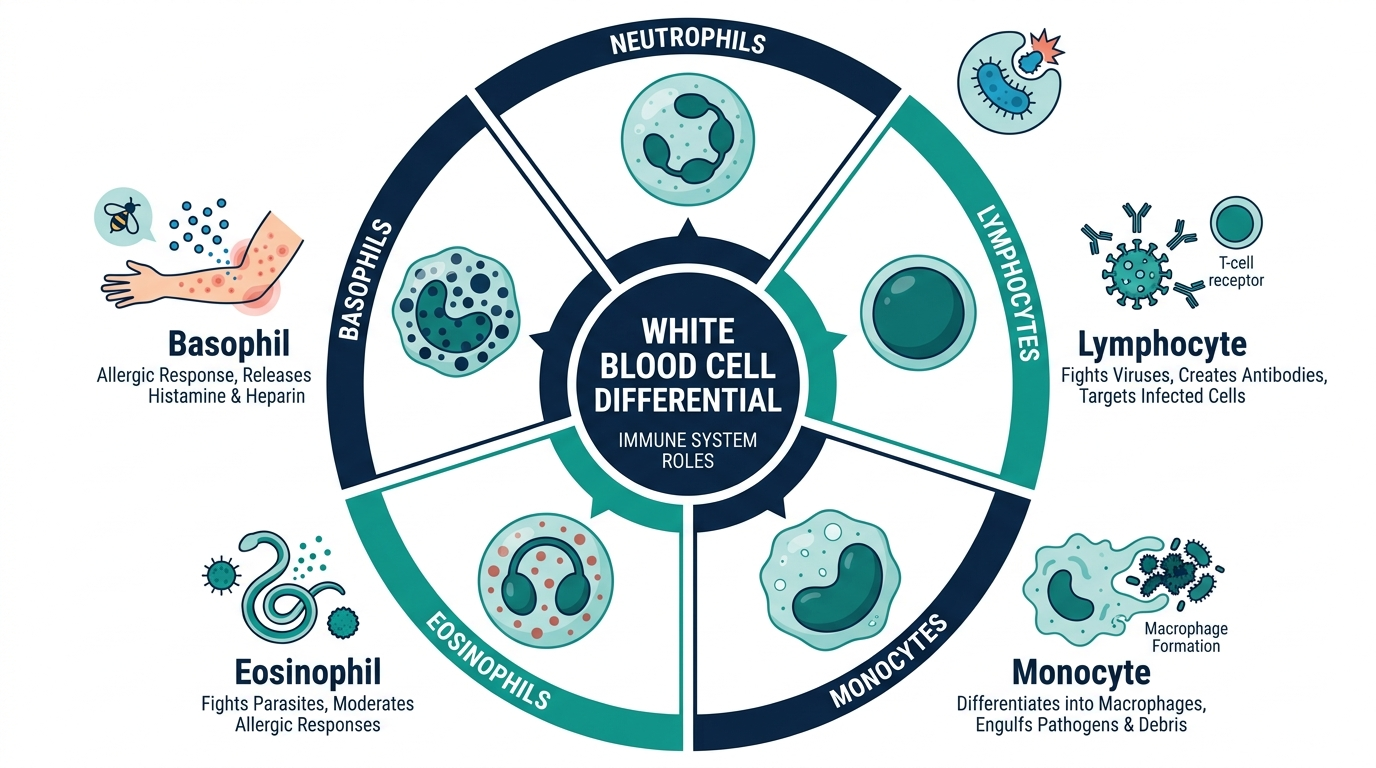 Diagram of the five white blood cell types and their immune roles: neutrophils, lymphocytes, monocytes, eosinophils, basophils