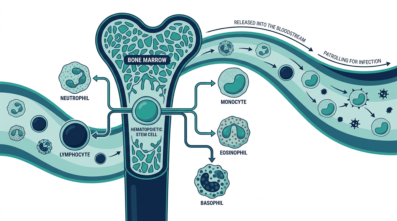 Diagram of hematopoiesis in bone marrow showing a stem cell branching into neutrophils, lymphocytes, monocytes, eosinophils, and basophils released into the bloodstream