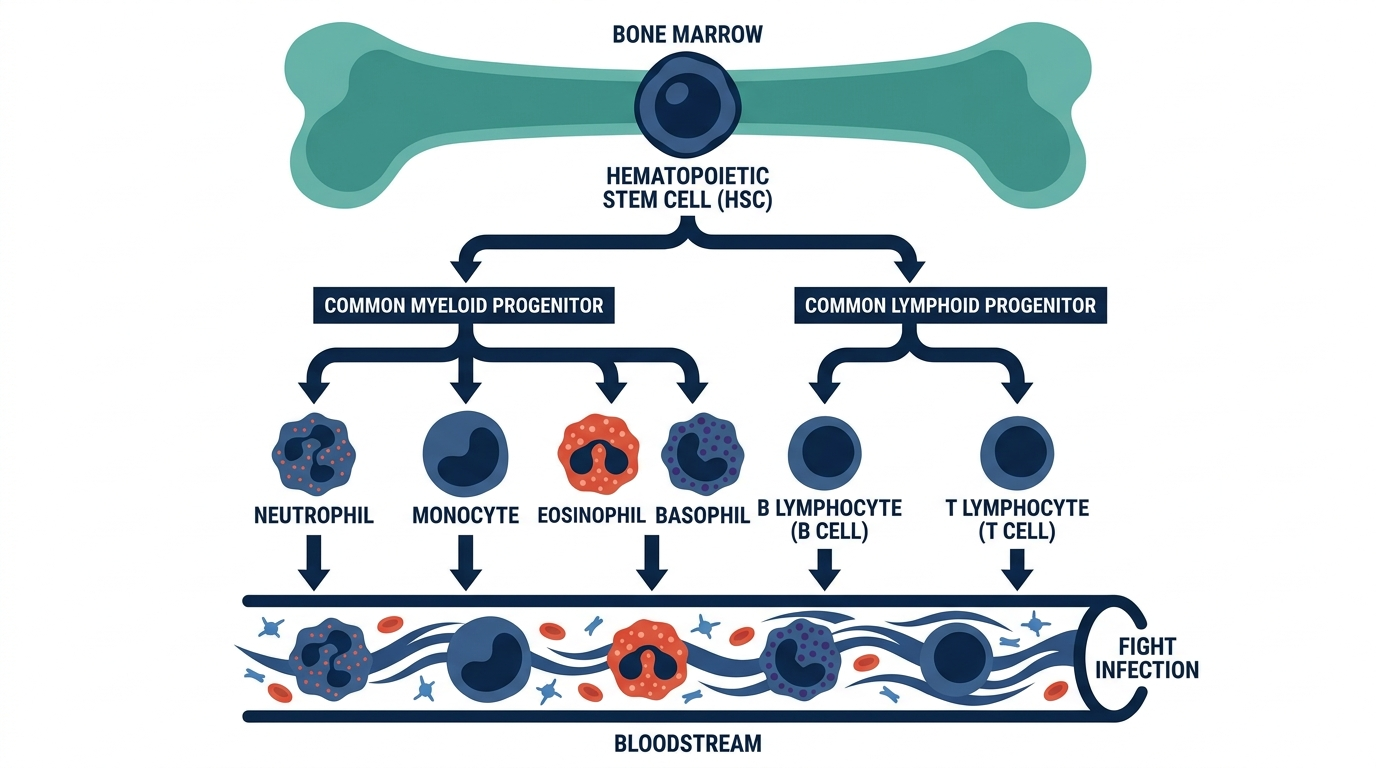 Diagram of white blood cell production in bone marrow branching into neutrophils, lymphocytes, monocytes, eosinophils, and basophils