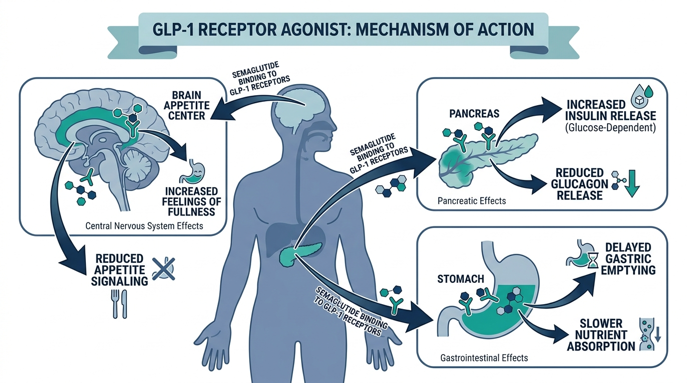 Diagram of semaglutide acting on GLP-1 receptors in the brain, pancreas, and stomach