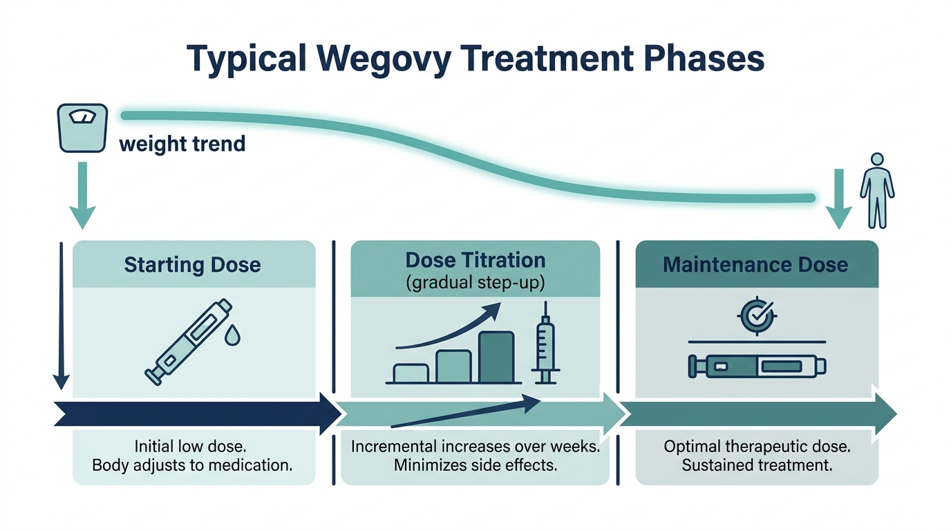 Schematic timeline showing starting dose, titration, and maintenance phases of Wegovy treatment with a weight trend curve