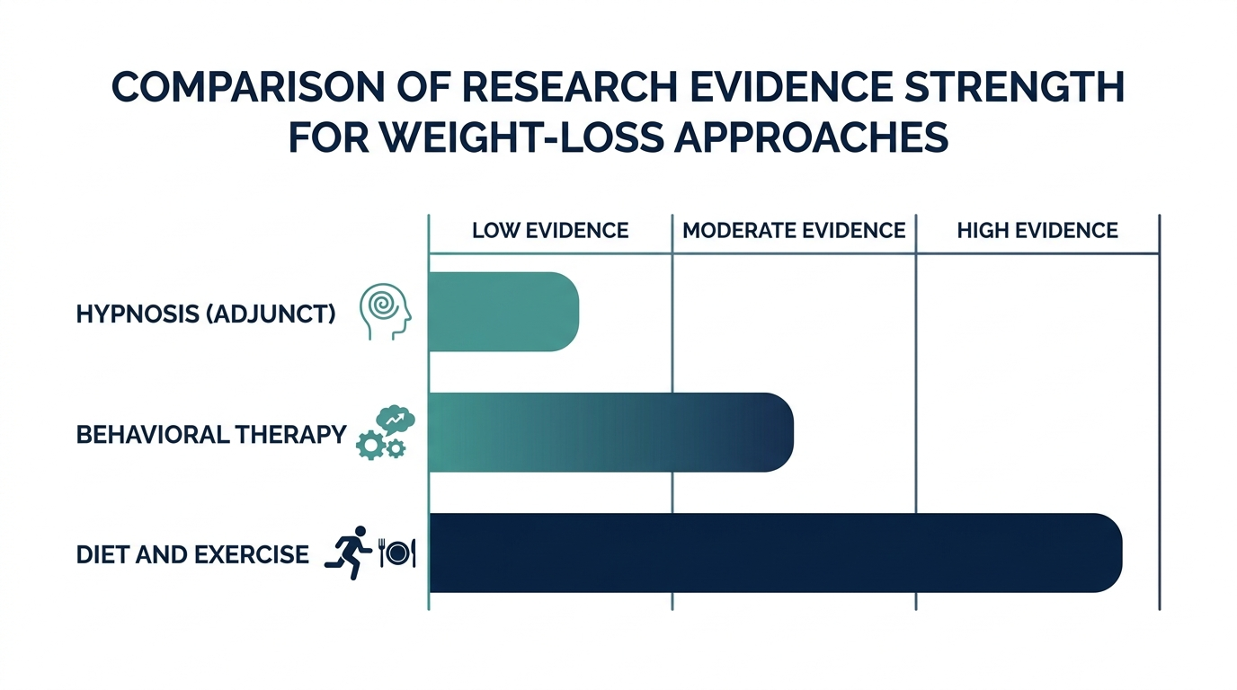 Schematic chart comparing research evidence strength for hypnosis, behavioral therapy, and diet and exercise for weight loss