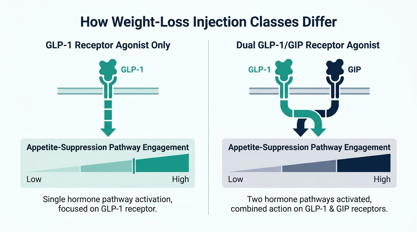 Schematic chart comparing a GLP-1-only pathway to a dual GLP-1/GIP pathway for appetite suppression